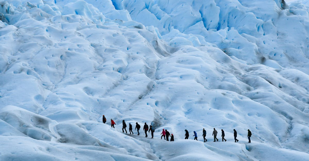 A group of hikers trekking across a vast icefield in Patagonia, Argentina, showcasing the stunning icy landscape.