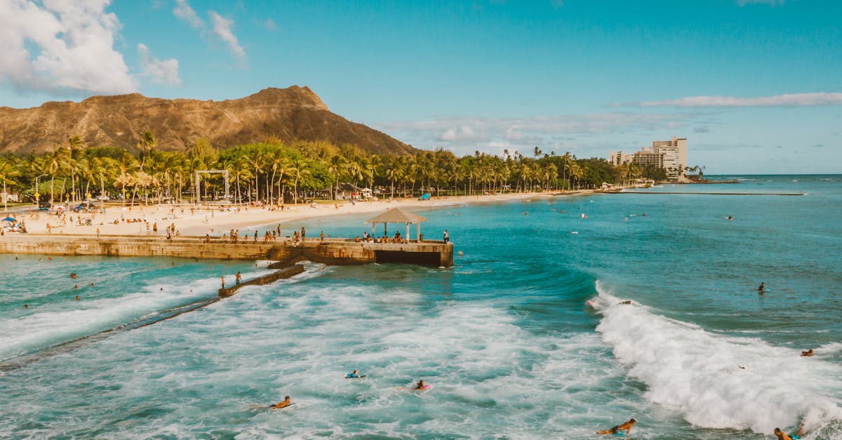 A scenic view of Waikiki Beach and Diamond Head with surfers and clear blue skies.