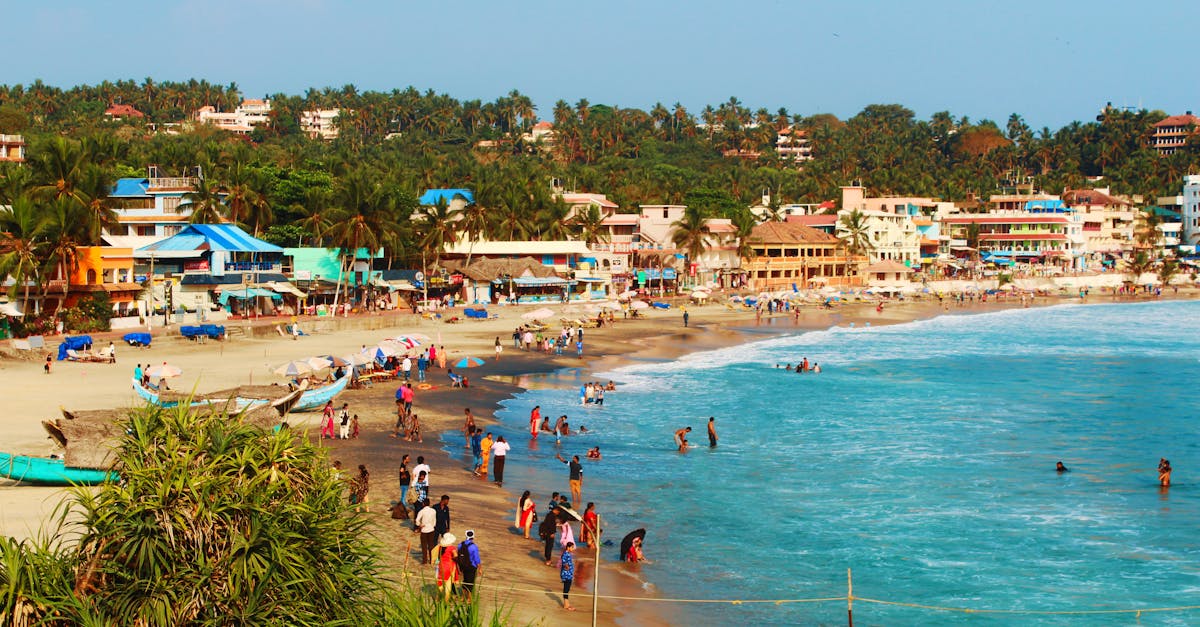 Beachfront village bustling with tourists, vibrant buildings, and palm trees on a sunny day.