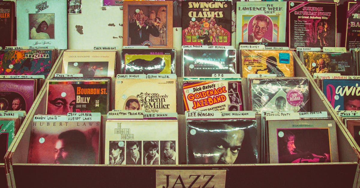 A collection of vintage jazz vinyl records displayed at a music store evoking nostalgia and retro charm.