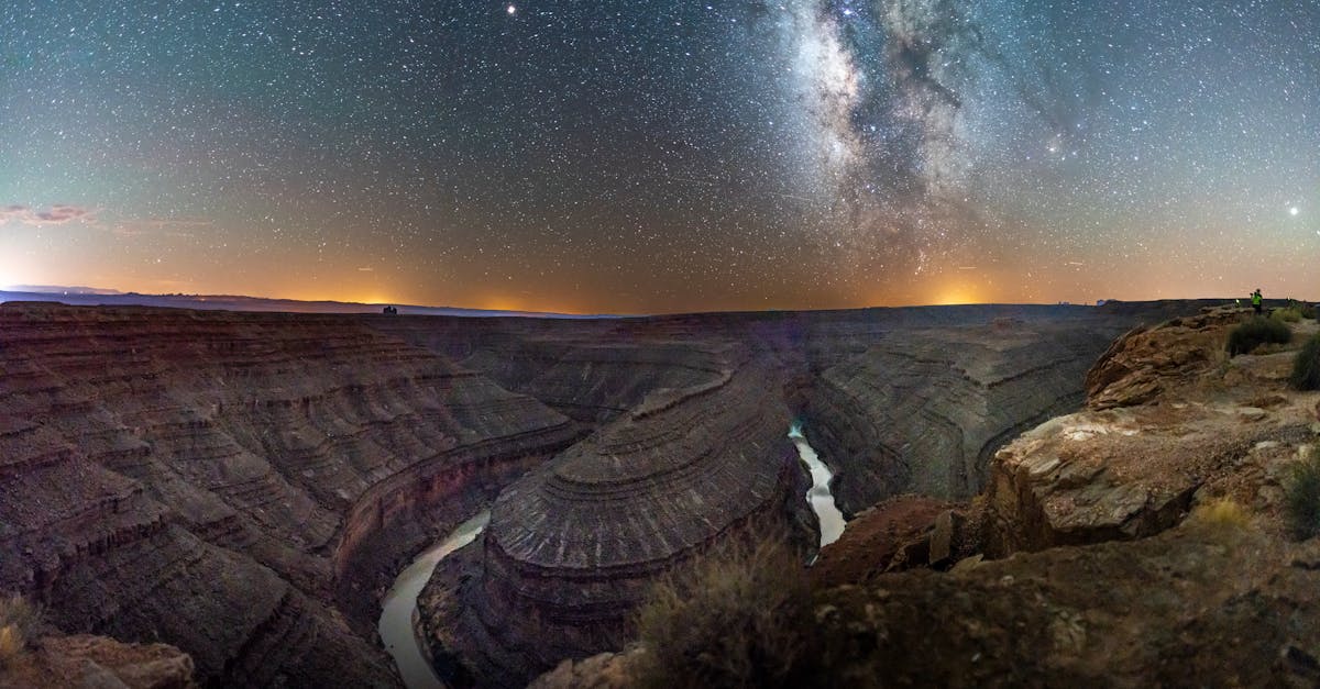 Vast starry sky above the winding San Juan River at Goosenecks State Park, Utah.