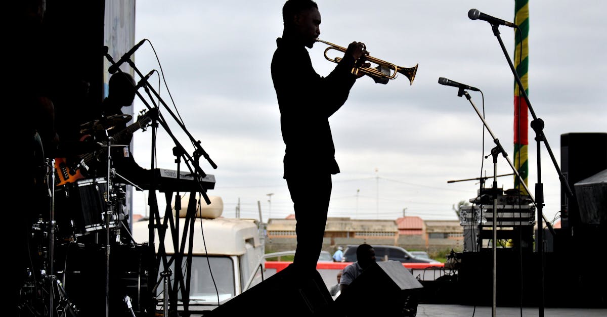A trumpet player silhouetted on stage during an outdoor concert in Lomé, Togo.