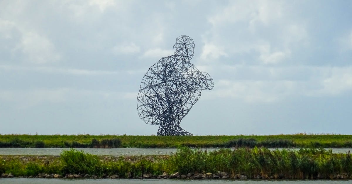 Giant wire sculpture dominating the landscape at Lelystad's waterfront, Netherlands.