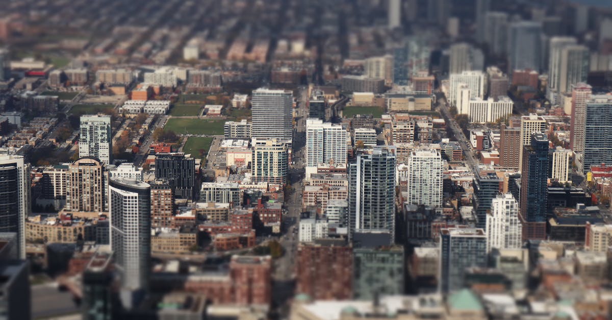 High-rise Chicago cityscape with tilt-shift effect, capturing the vibrant urban skyline.