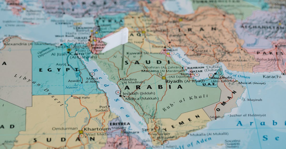 Detailed close-up image of a map focusing on Middle East and North Africa.