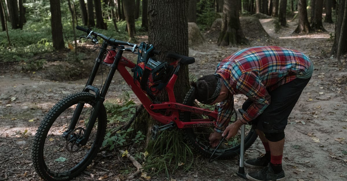 A man fixes a bicycle in a forest during summer, capturing outdoor adventure.