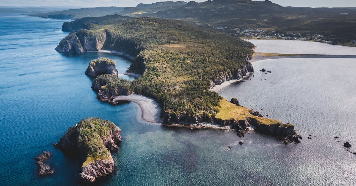 Stunning aerial shot of a coastal peninsula with rocky cliffs and lush greenery.