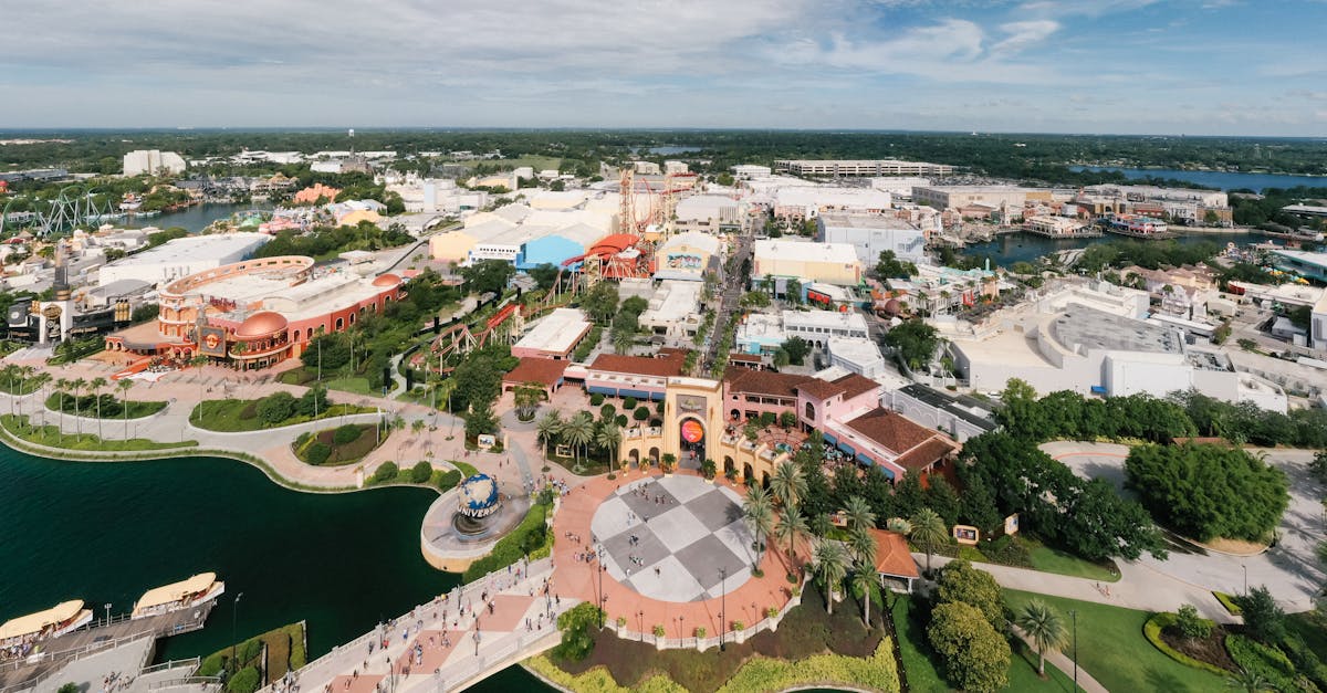 Aerial shot showcasing the vibrant theme park layout of Universal Studios Orlando with lush greenery and blue skies.