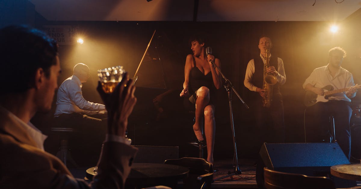 A vibrant jazz band performing live on stage with a singer in a cozy bar ambiance.